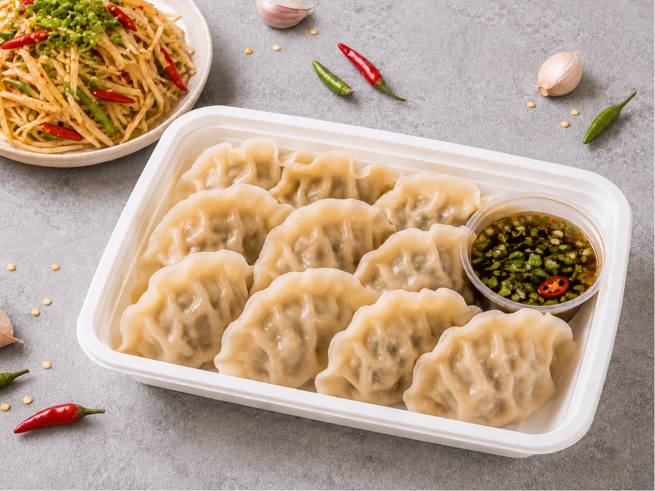 Boiled Chicken & Vegetable Dumplings with Chili Garlic Shredded Potato