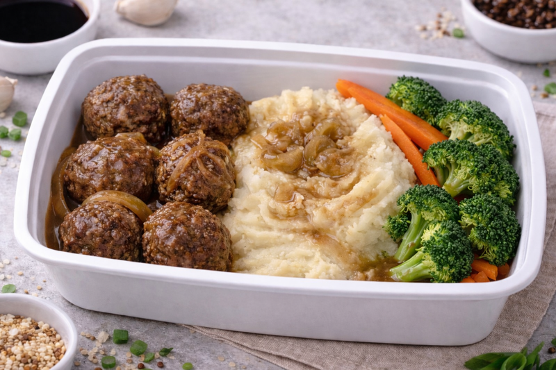 Soy-Braised Beef Meatballs with Mashed Potatoes